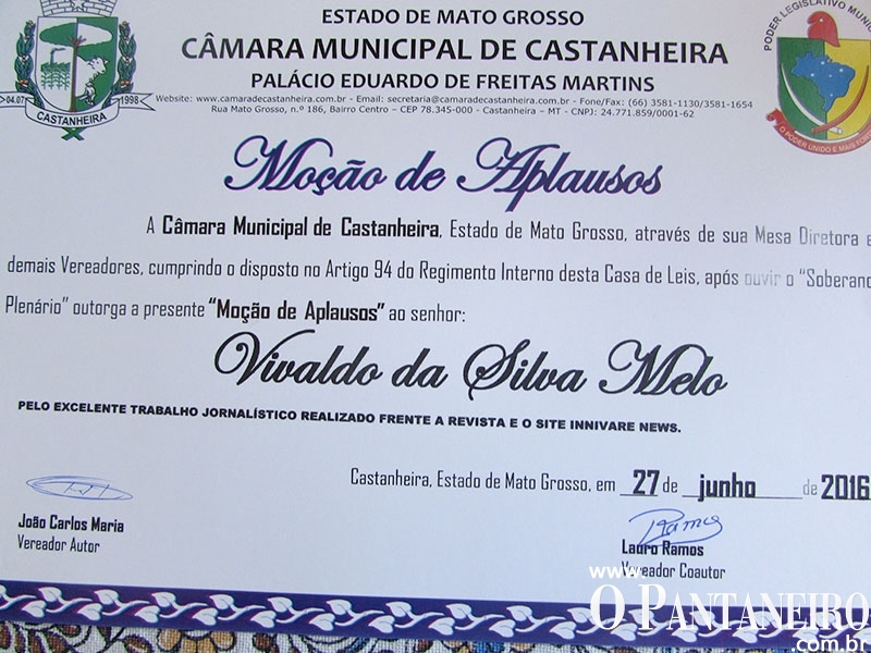 Diploma concedida ao Pastor Vivaldo